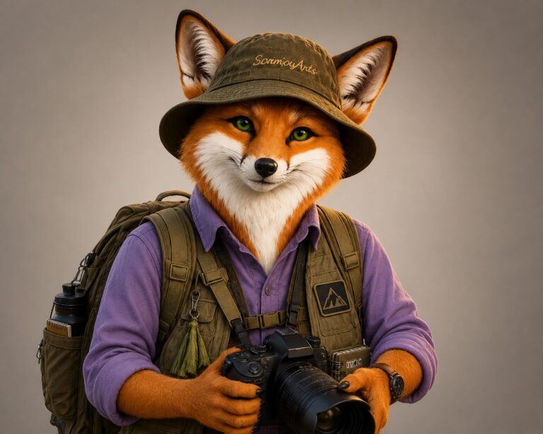 Sage, the ScrimpyArts photo fox, wearing a purple shirt, green field hat and photography vest while holding her camera and carrying a backpack.