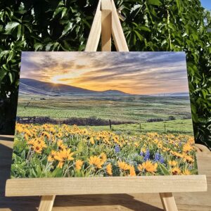 Postcard featuring Sunrise in the Dalles displayed on a small wooden easel, showing spring wildflowers and farmland at sunrise near The Dalles, Oregon
