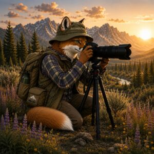 Sage, the ScrimpyArts photo fox, kneeling behind a tripod-mounted camera with a long lens, photographing a mountain landscape in golden evening light.
