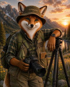 Sage, the ScrimpyArts photo fox, standing with her camera and tripod in a mountain meadow at sunset, ready for another photograph.